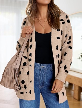 Open Front Leopard Knitted Sweater Cardigan