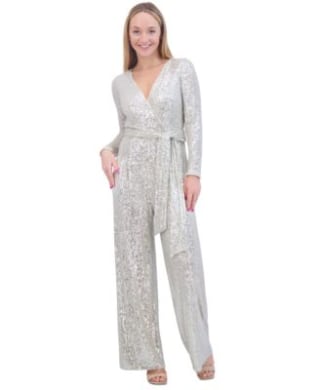 Sequin Wrap Front Long Sleeve Jumpsuit