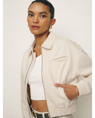 Reformation Kinsley Denim Cropped Bomber Jacket