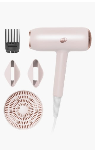 Satin pink hair dryer system on white background