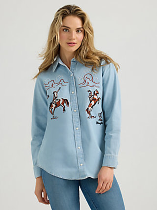 Embroidered Boyfriend Western Snap Denim Shirt