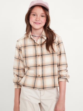 Old Navy Cropped Long-Sleeve Plaid Pocket Flannel Shirt for Girls