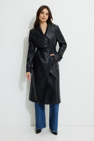 Military Faux Leather Trench Coat