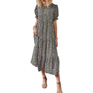 PrettyGarden Boho Puff Short Sleeve Midi Dress