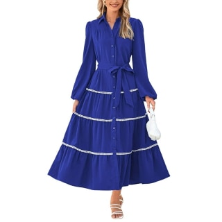 PrettyGarden Belted Lantern Sleeve Tiered Maxi Shirt Dress