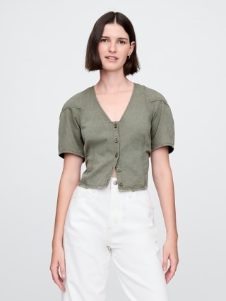 Barrel-Sleeve Cropped Denim Shirt