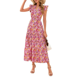 PrettyGarden Floral Cap Sleeve Midi Dress Cap Sleeve