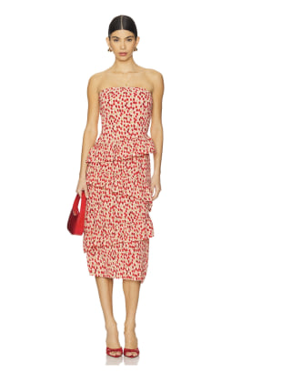 Plissé Asymmetric Tiered Ruffle Strapless Midi Dress