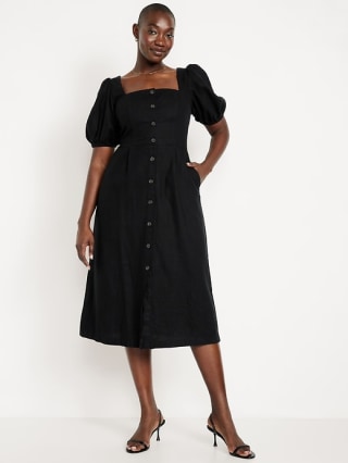 Linen-Blend Button-Front Midi Dress