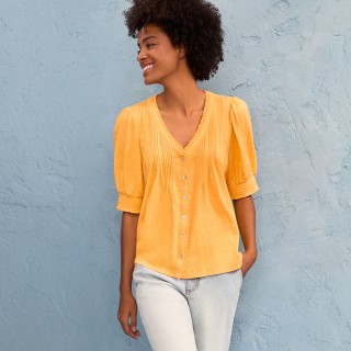 Lands' End Women's Button Pintuck Puff Sleeve Top