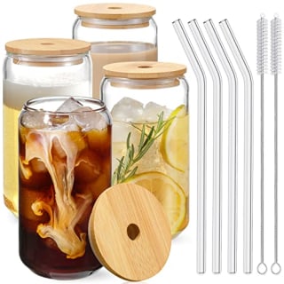 Drinking Glasses with Bamboo Lids and Glass Straw
