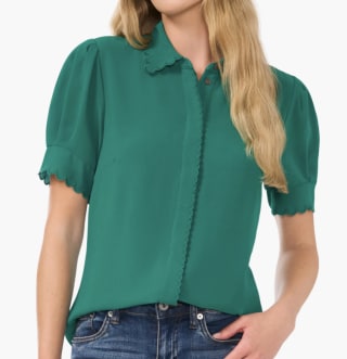 CeCe Scallop Trim Button Down Blouse