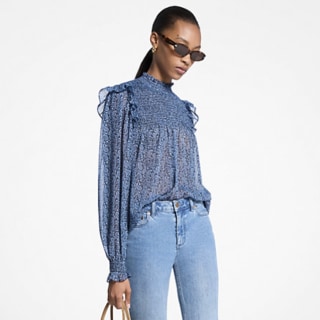 Michael Kors Metallic Paisley Print Smocked Georgette Blouse