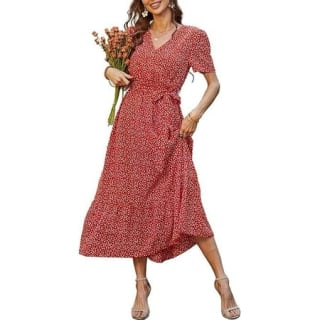 PrettyGarden Floral Wrap V-Neck Short Sleeve Maxi Dresses