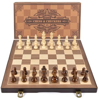 Amerous Magnetic Wooden Chess And Checkers Game Set