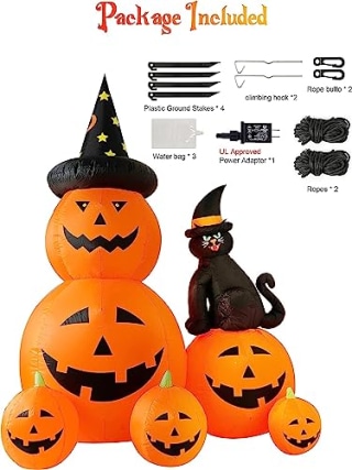 Halloween Inflatable Decorations Pumpkin Lighted and Witch's Cat