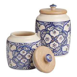World Market White and Blue Ceramic Storage Canister