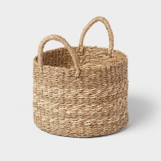 Brightroom Woven Round Seagrass and Palm Leaf Striped Basket