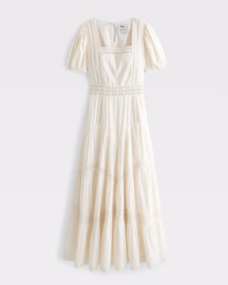 Abercrombie Women's Puff Sleeve Lace-Pieced Maxi Dress 