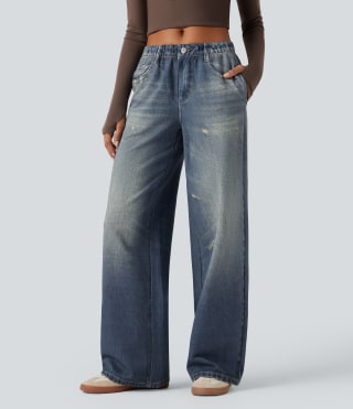 Halara Mid Rise Denim Print French Terry Casual Sweatpants Jeans