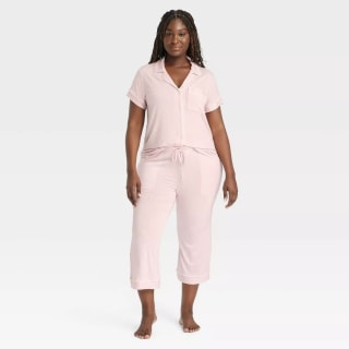 Auden Cloud Knit Modal Short Sleeve Notch Collar Top and Capri Pants Pajama Set