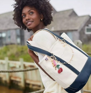 Lands' End Medium 5 Pocket Open Top Long Handle Canvas Tote Bag