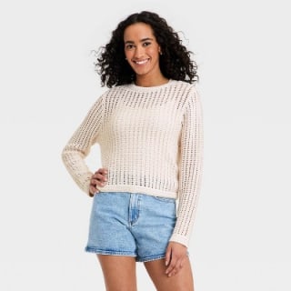 Universal Thread Crochet Openwork Crewneck Pullover Sweater