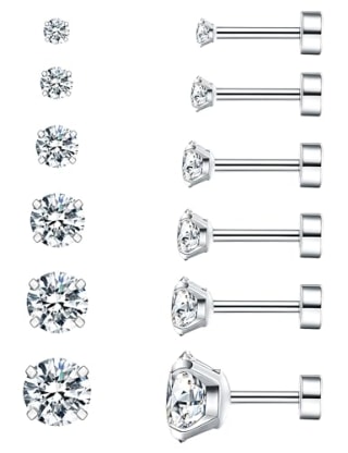 6 Hypoallergenic Cubic Zirconia Flat Back Earrings