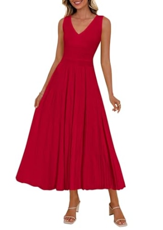 Prettygarden Spring Casual Sleeveless V Neck Pleated Midi