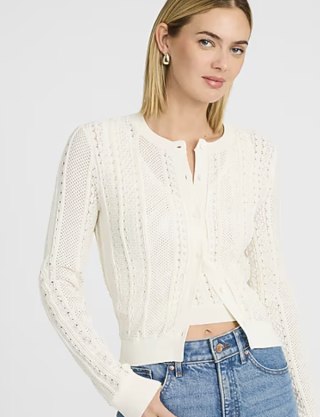 Pointelle Crew Neck Long Sleeve Cardigan