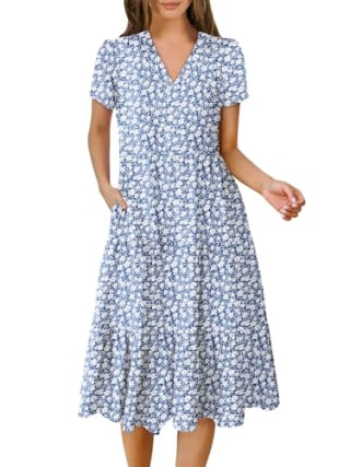 Anrabess Short Sleeve V Neck Flowy Midi Dress