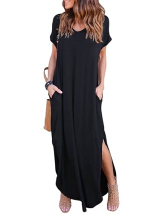 Huskary Short Sleeve Loose Maxi Dress with Pockets