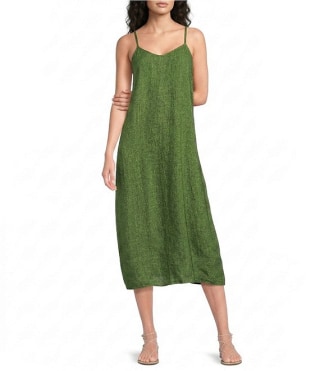 Eileen Fisher Washed Organic Linen Delave V-Neck Sleeveless Midi Cami Dress