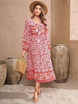 R.Vivimos Long Sleeve Floral Boho Midi Dress