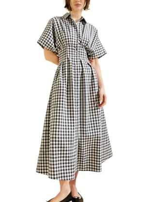 Yeokou Short Sleeve Gingham Shirt Dress