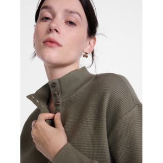 Scenario Waffle Knit Button Top with Long Sleeves