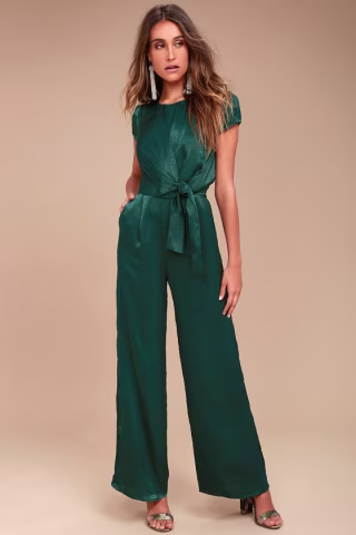Forest Green Satin Wide-Leg Jumpsuit