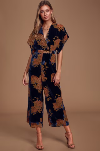 Lulu's Navy Blue Velvet Jumpsuit