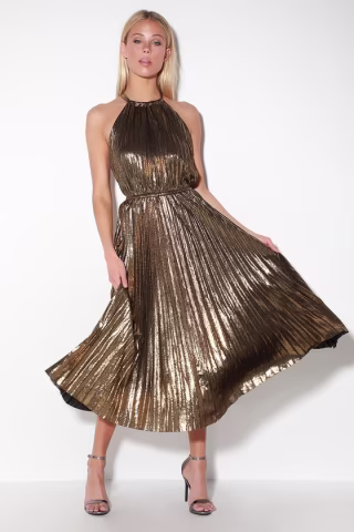 Christina Gold Pleated Halter Midi Dress