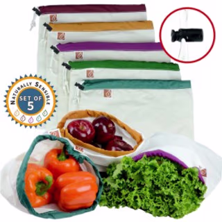 Reusable Produce Bags - Soft Cotton Muslin - Eco Friendly - Set of 5