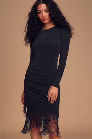 Out For the Evening Black Fringe Long Sleeve Bodycon Dress