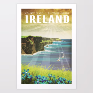 Ireland, Cliffs of Moher - Vintage Style Travel Poster Art Print
