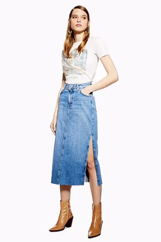 Side Split Denim Midi Skirt