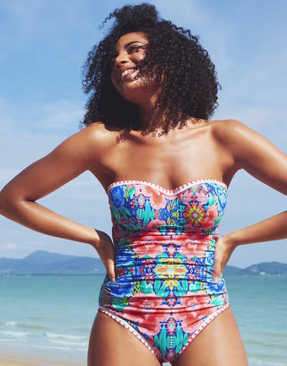 Figleaves Frida Floral Underwire Bandeau Tummy Control One-piece swimsuit B-G