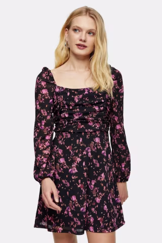 Ruched Floral Print Mini Tea Dress