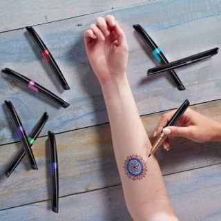 BIC BodyMark Temporary Tattoo Marker with Fine Tip, Precision Series, Assorted Colors, Pack of 8 Markers + 3 Stencils