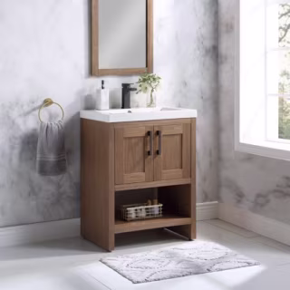 Better Homes & Gardens Farmhouse 24.5 inch Walnut Single Sink Bathroom Vanity with Top, Assembly Required