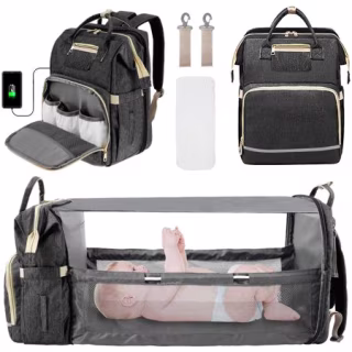Willstar 3 In 1 Baby Diaper Bag Backpack With Changing Station For Boys, Black Baby Bags For Dad Mom, Portable Travel Crib Organizer Foldable Bed Convertible Nappy Newborn Essentials