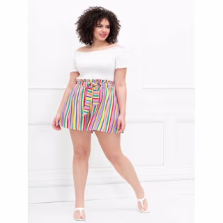ELOQUII Elements Women's Plus Size Ruffle Waist Striped Swing Shorts