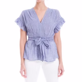 Max Studio Women's Short Sleeve Yarn Dye Woven Top